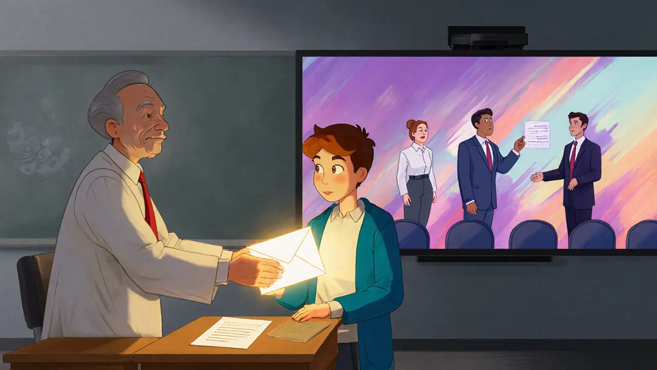 Преподаватель вручает студенту конверт, за ними — два мира: былый провал и нынешний триумф.