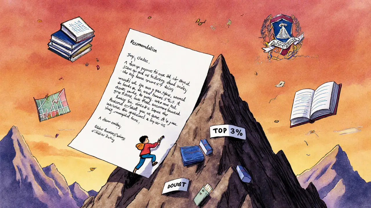 Рекомендательное письмо парит в воздухе, студент поднимается по горе трудностей к вершине успеха.