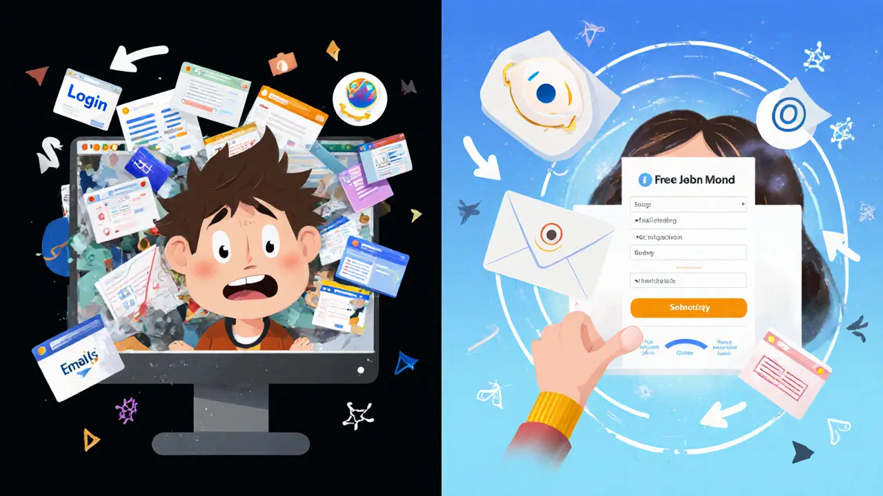 Сравнение: слева — запутанные вкладки браузера, справа — мгновенное действие в письме.