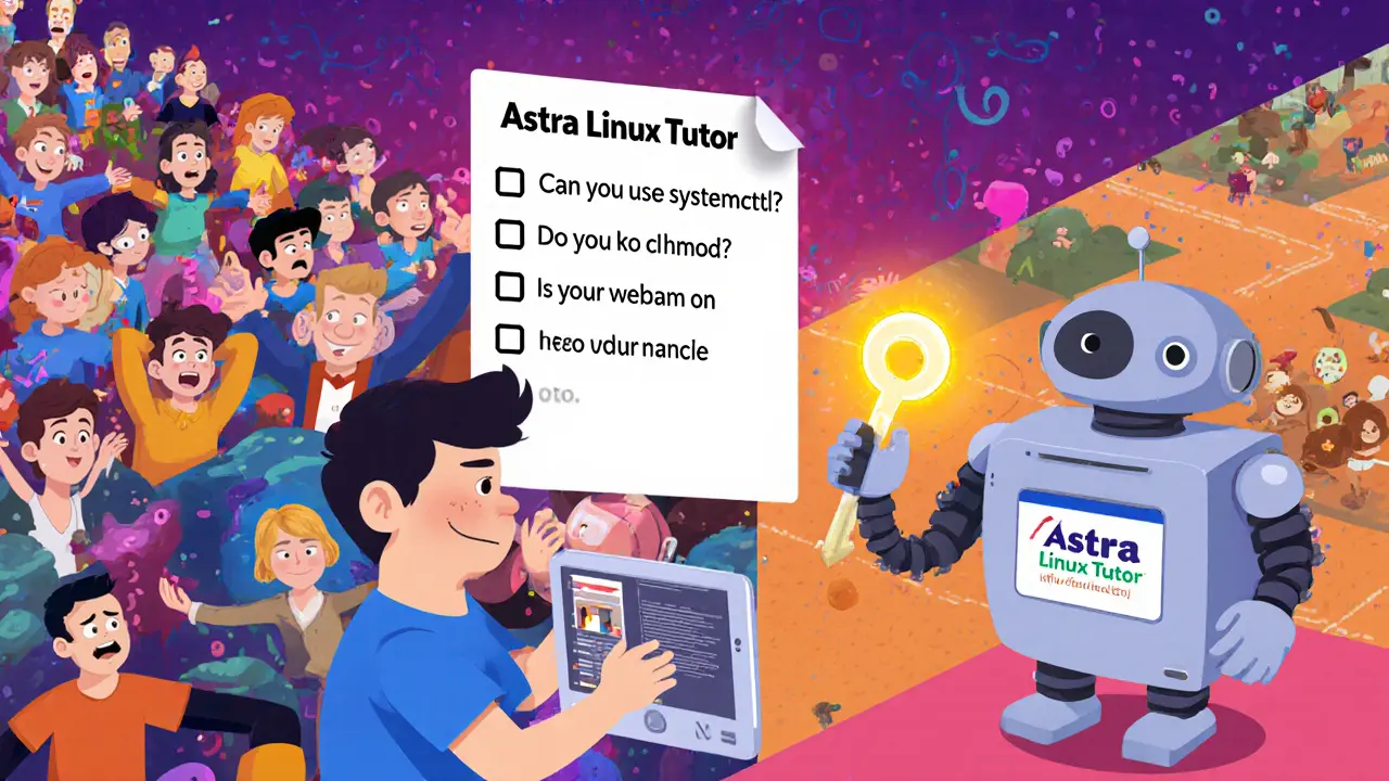 Ученик пытается выполнить команду в Linux, рядом робот-наставник предлагает входной модуль.
