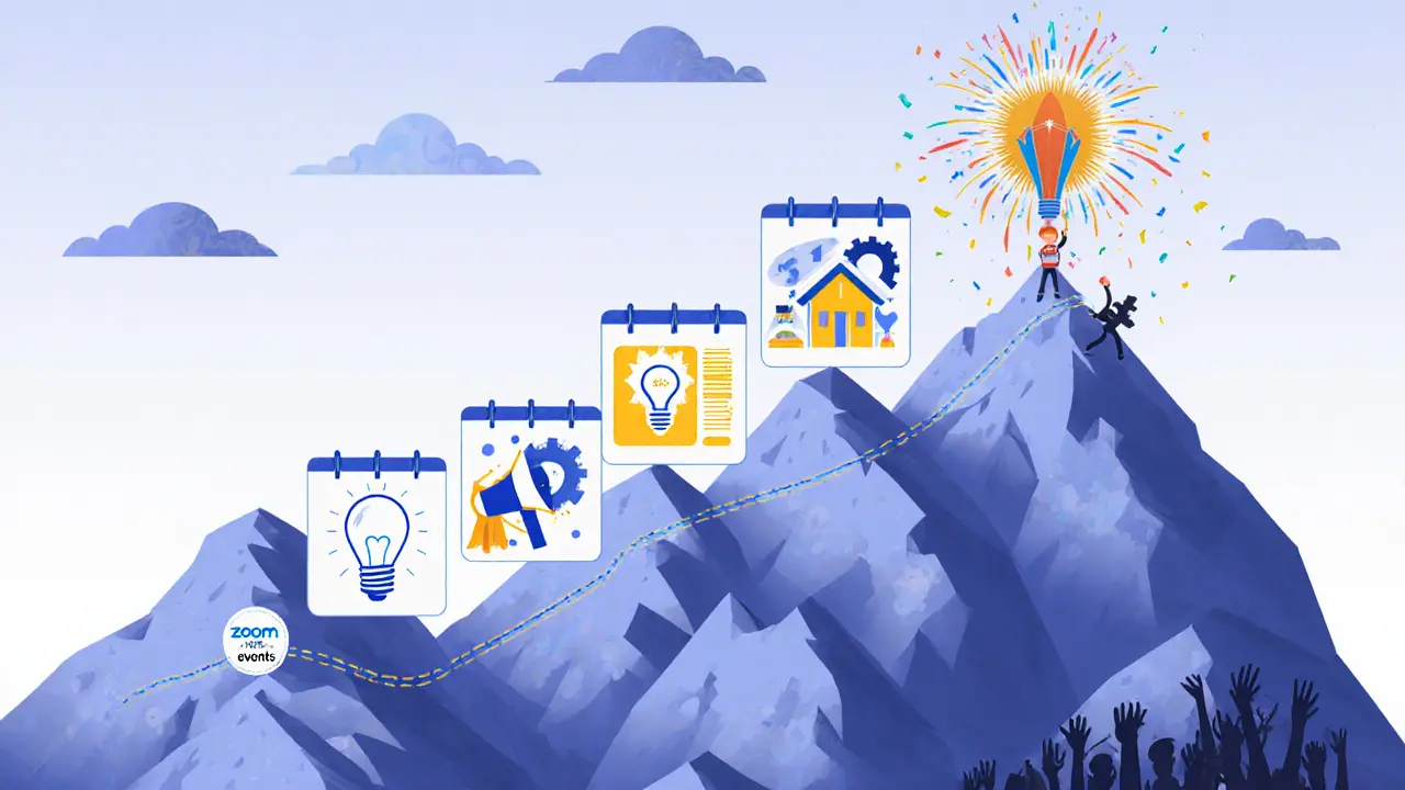 60-дневный путь к конференции как восхождение на гору с иконками, в стиле DreamWorks.