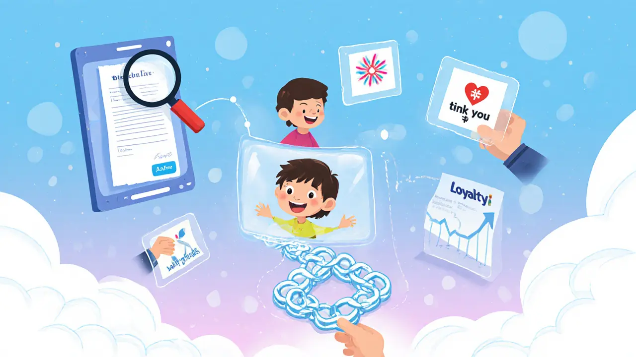 Блокчейн связывает покупку с видео благодарного ребенка, символизируя прозрачность благотворительности.