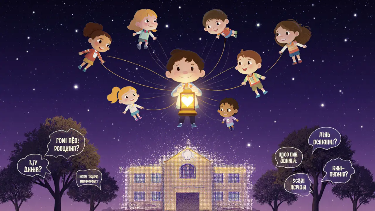 Дети в небе связаны светящимися нитями с наставником, а школа превращается в лес разговоров.