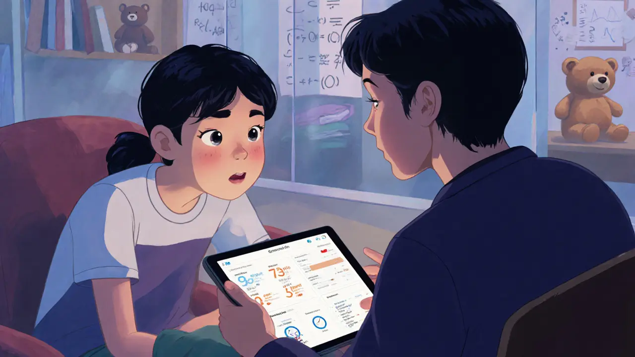 Девочка говорит куратору, который слушает, а на экране видны её активность и эмоции в цифрах.