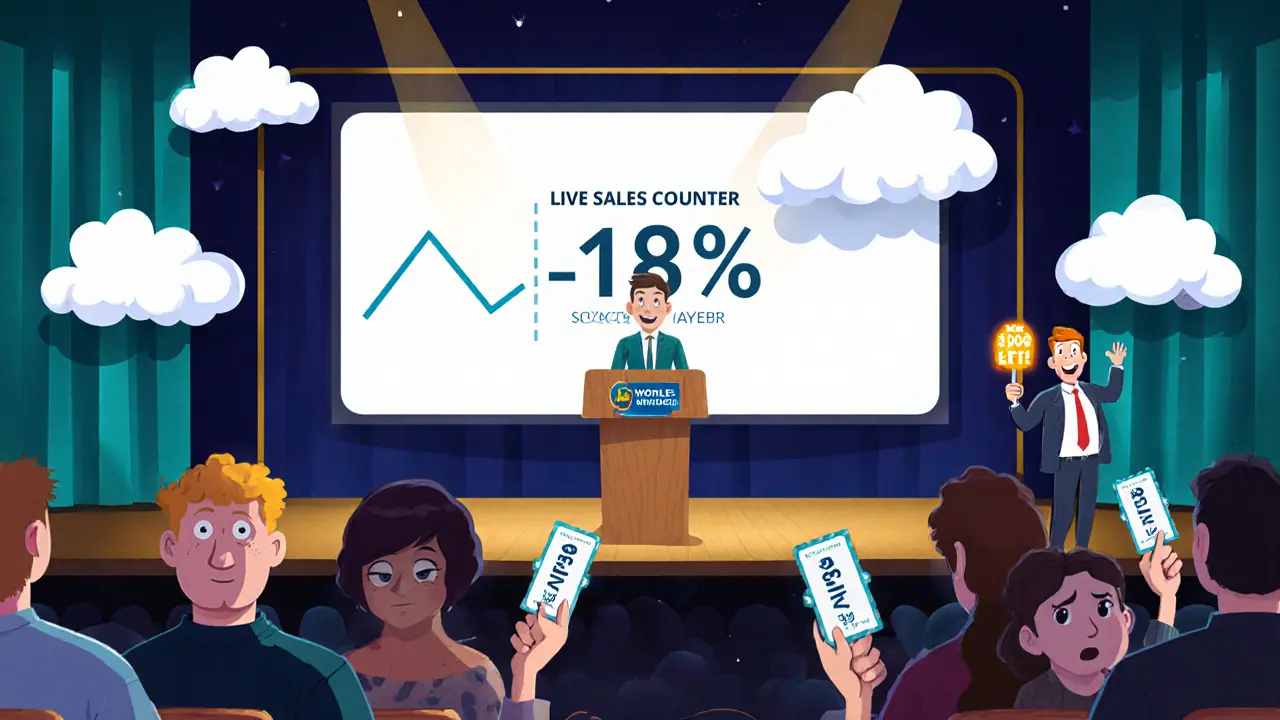 Презентатор на сцене с растущим счетчиком продаж, зрители реагируют по-разному, в стиле DreamWorks.