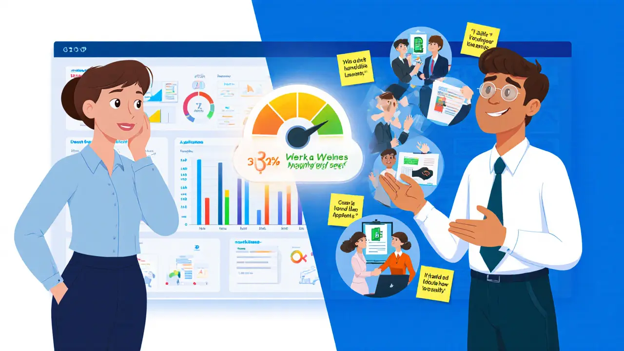 Разделённый экран: слева — учитель с базовыми метриками, справа — дизайнер анализирует применение знаний на работе.