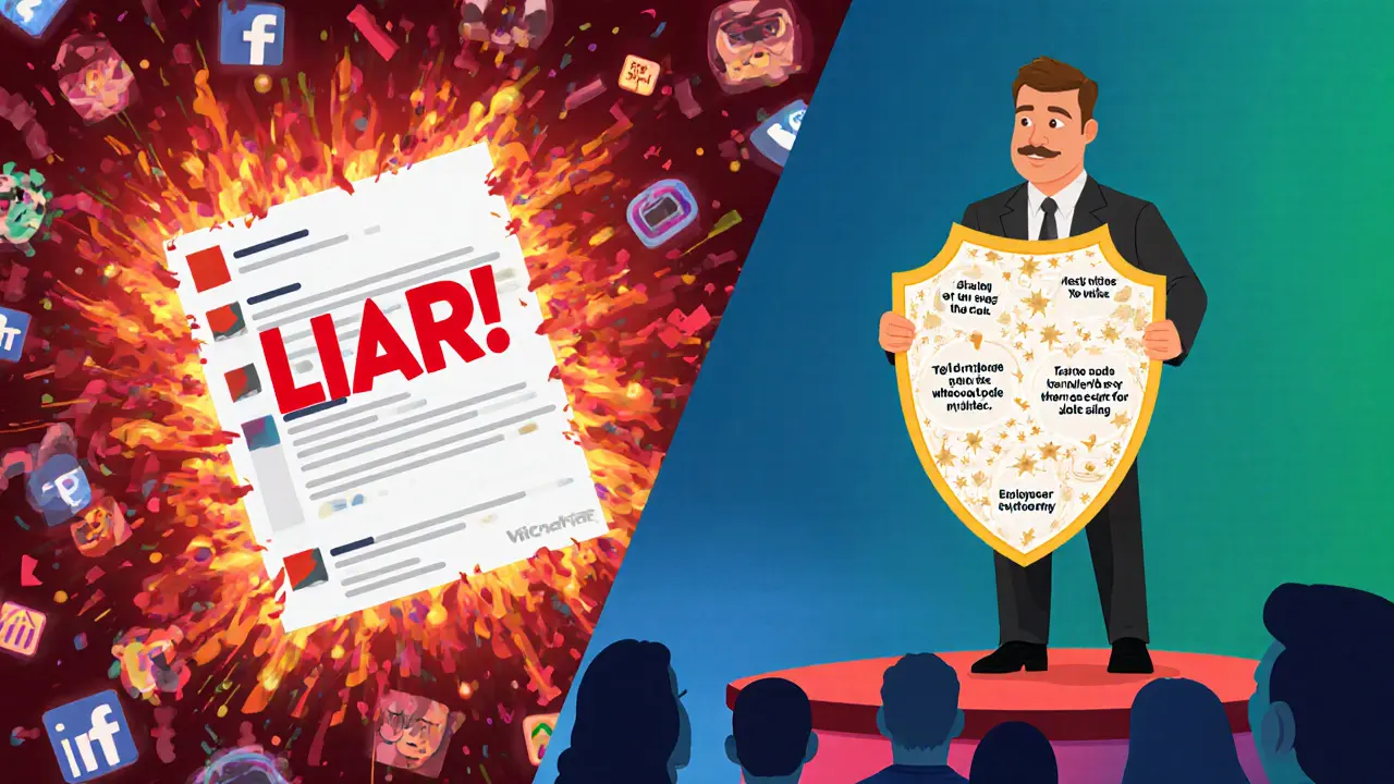 Сплит-сцена: слева — вирусный негатив, справа — эксперт говорит с аудиторией, защищённый отзывами клиентов.