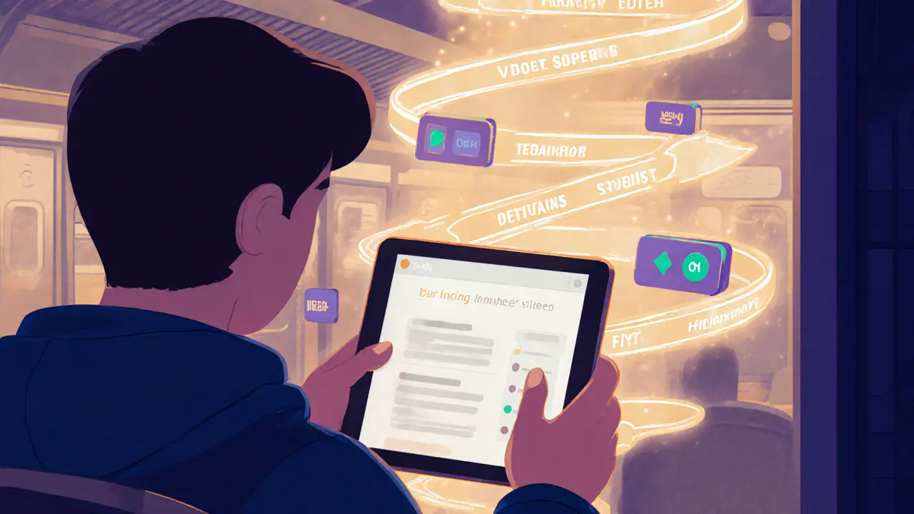 Студент смотрит вертикальный урок в метро, вокруг него плавают подсказки и слои монтажа.