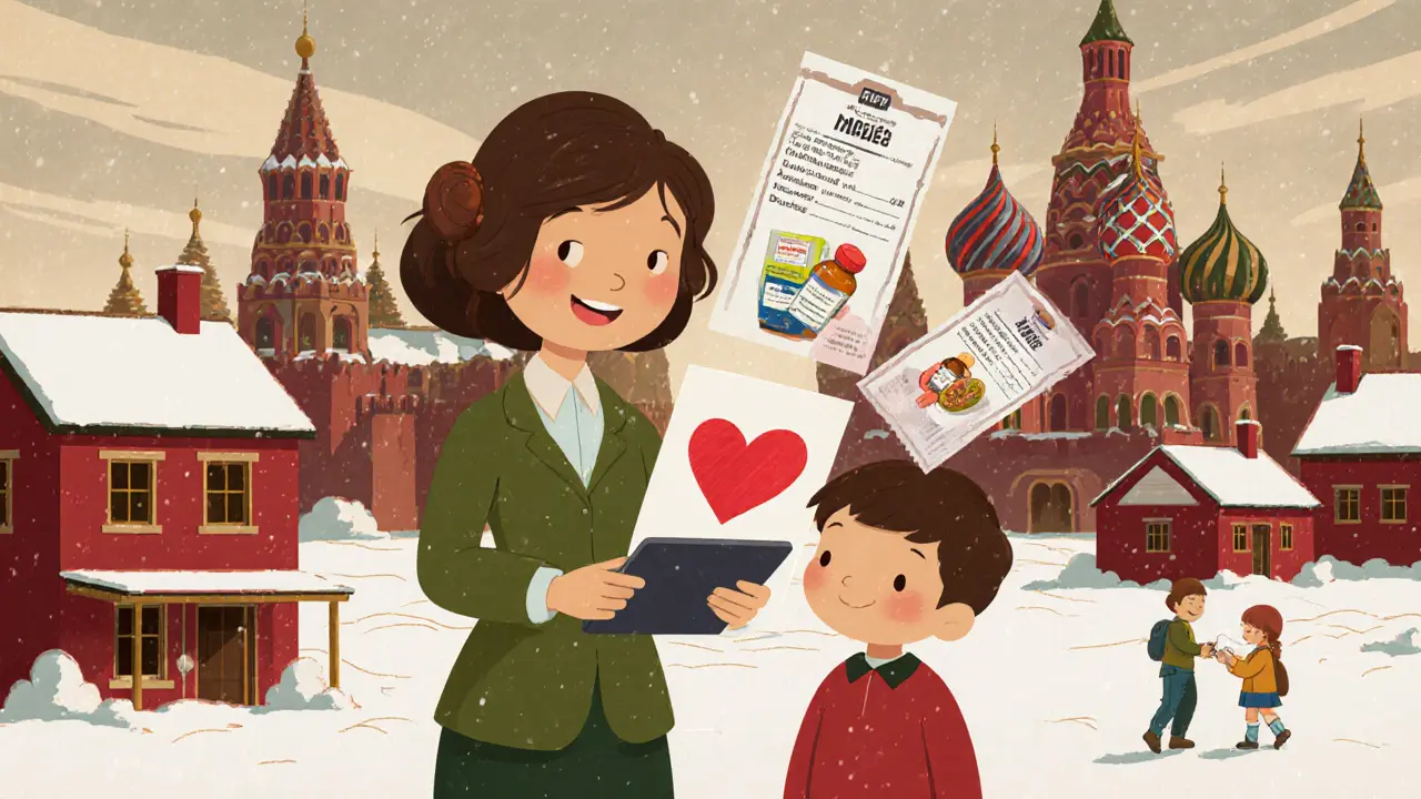 Учитель и ребенок рисуют сердце, а за ними — помощь, приходящая в сибирские дома.