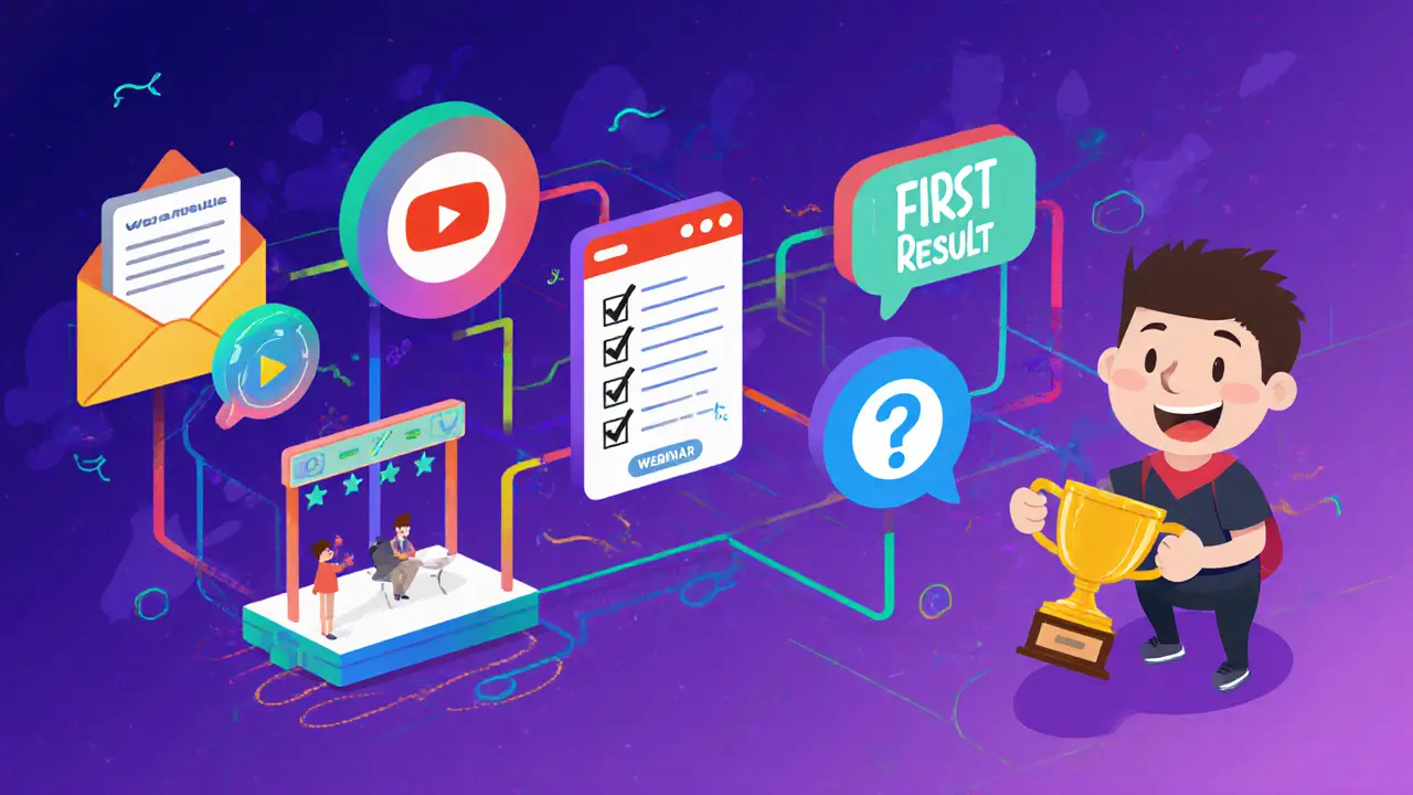 Цепочка контента ведет студента к первому результату через разные форматы.