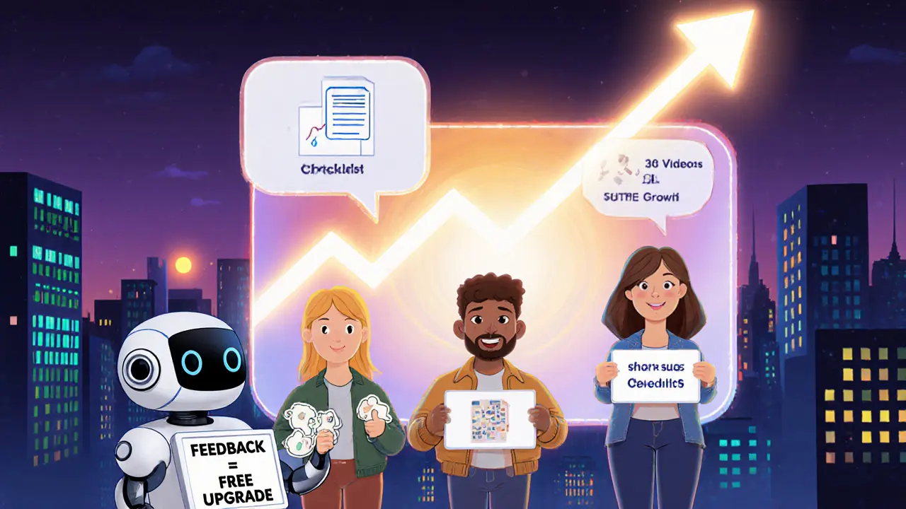 Группа людей в чате получает микропродукты, растущий график и робот с обратной связью в ярком мультяшном стиле.