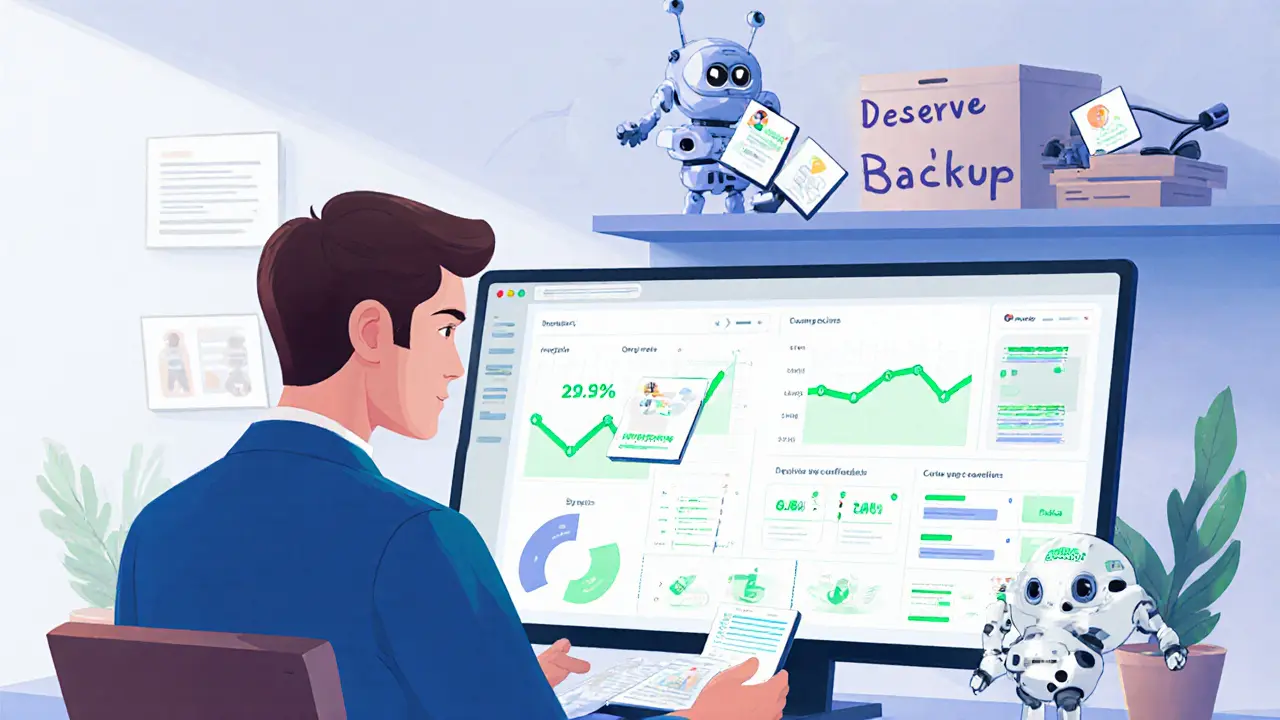 Преподаватель с аналитикой и помощниками ИИ, держащий резервные материалы.