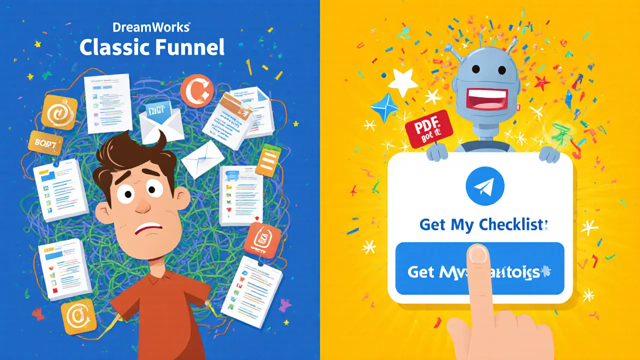 Сравнение сложной воронки и простой: один клик — мгновенный чек-лист в Telegram.