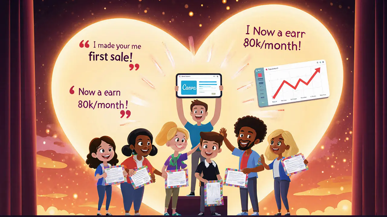 Студенты получают сертификаты, за ними — растущие отзывы и создатель с простой страницей продаж.