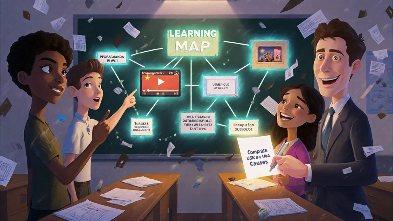 Ученики связаны светящимися линиями с картой обучения, где каждый материал соответствует конкретной цели.