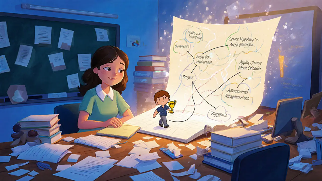 Учитель смотрит на волшебную карту, которая убирает хаос и показывает путь к прогрессу ученика.