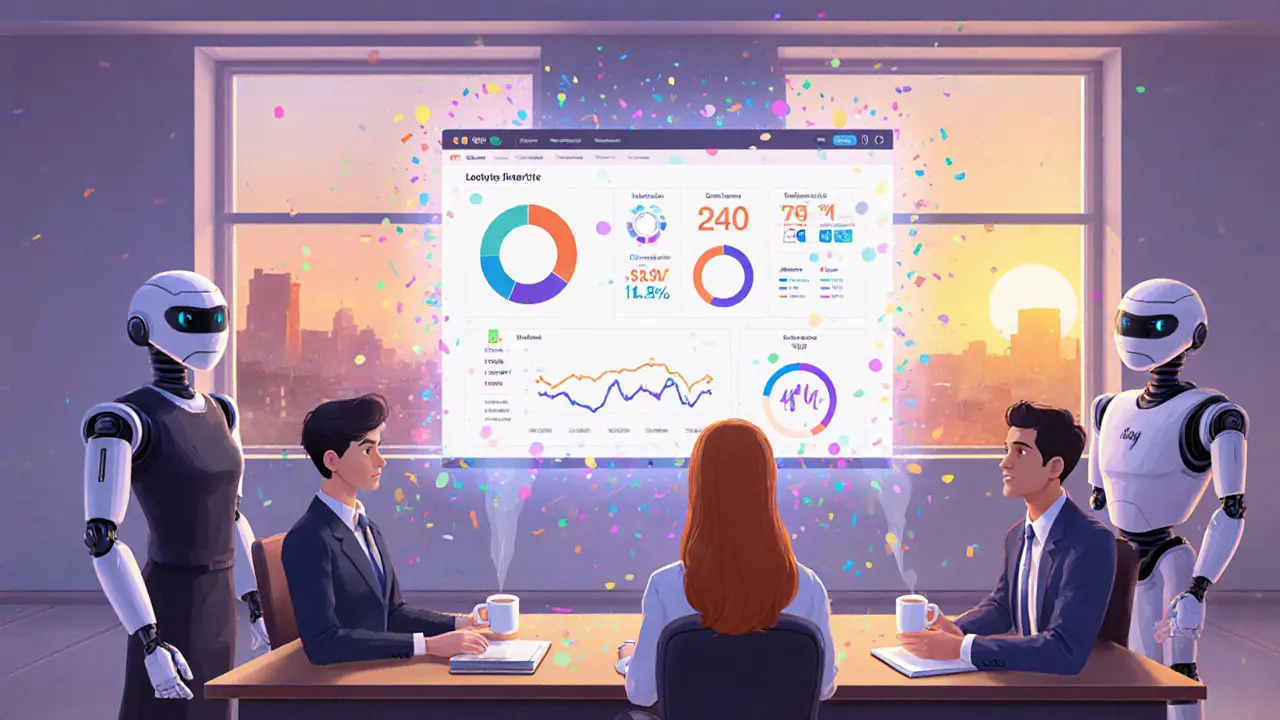 Команда наблюдает за голограммой с метриками онлайн-школы, окруженная анимированными данными.