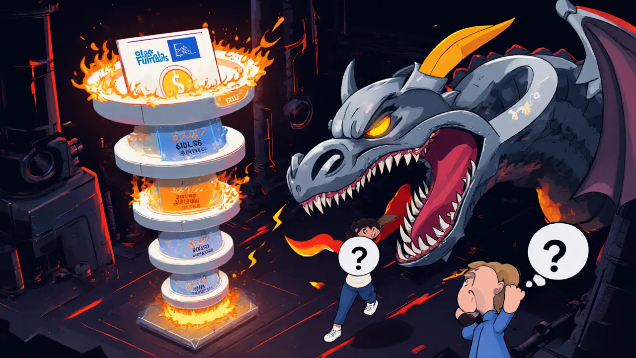 Механический дракон ClickFunnels сбрасывает продажи, в то время как студенты теряются в сложной воронке.