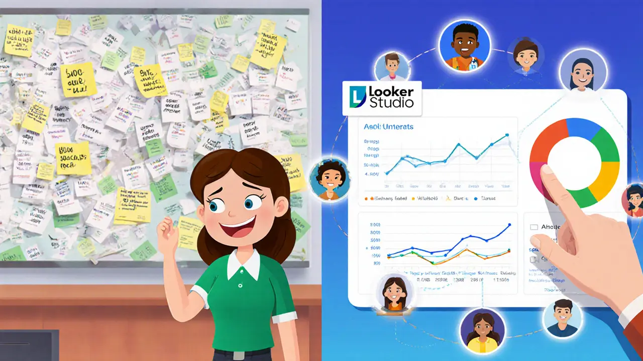 Сравнение хаотичных таблиц и чистого дашборда Looker Studio в стиле мультфильма.