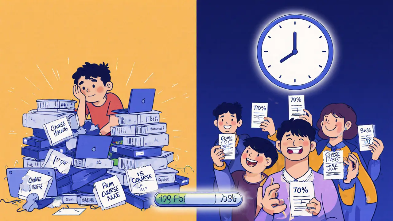 Сравнение: один человек под грузом идей и другой — с довольными клиентами и датой запуска.