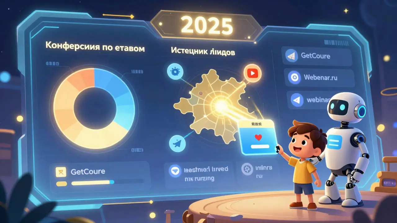 Аналитика 2025 года: пульсирующая доска показывает источники лидов и автоматический доступ к курсу после оплаты.