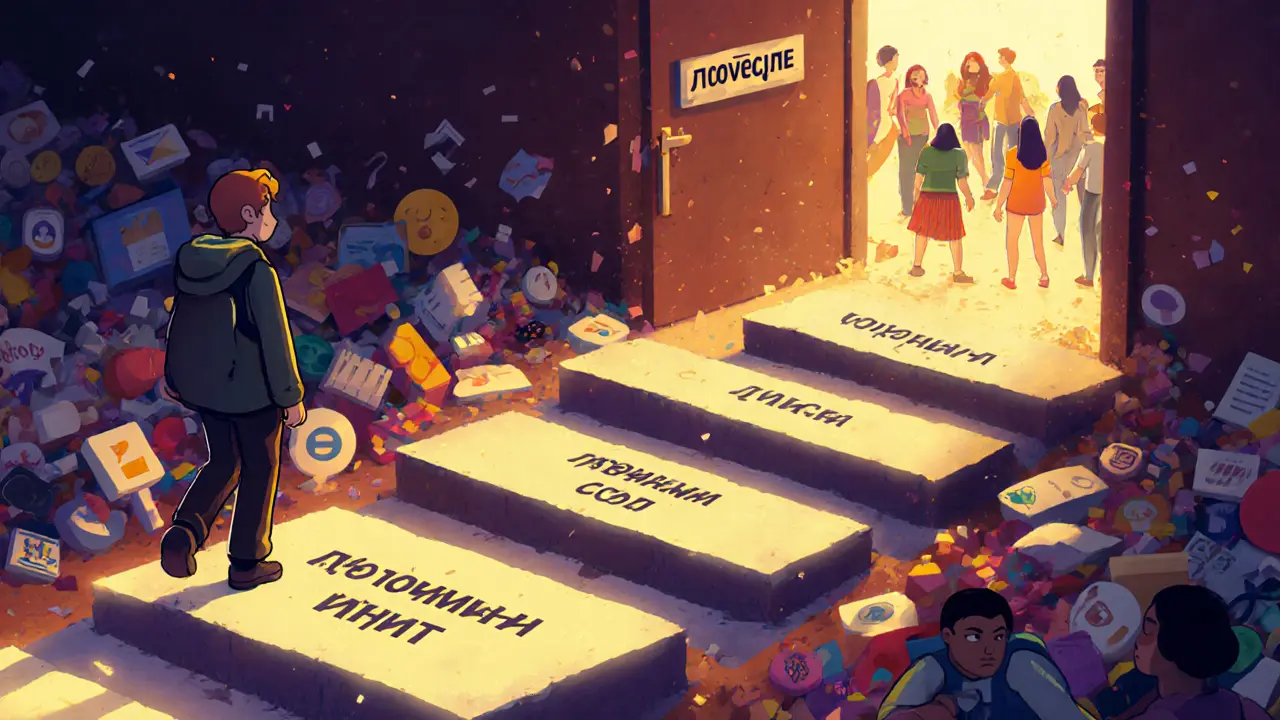 Человек идет по пути доверия, оставляя позади рекламный шум, ведущий к живому сообществу.