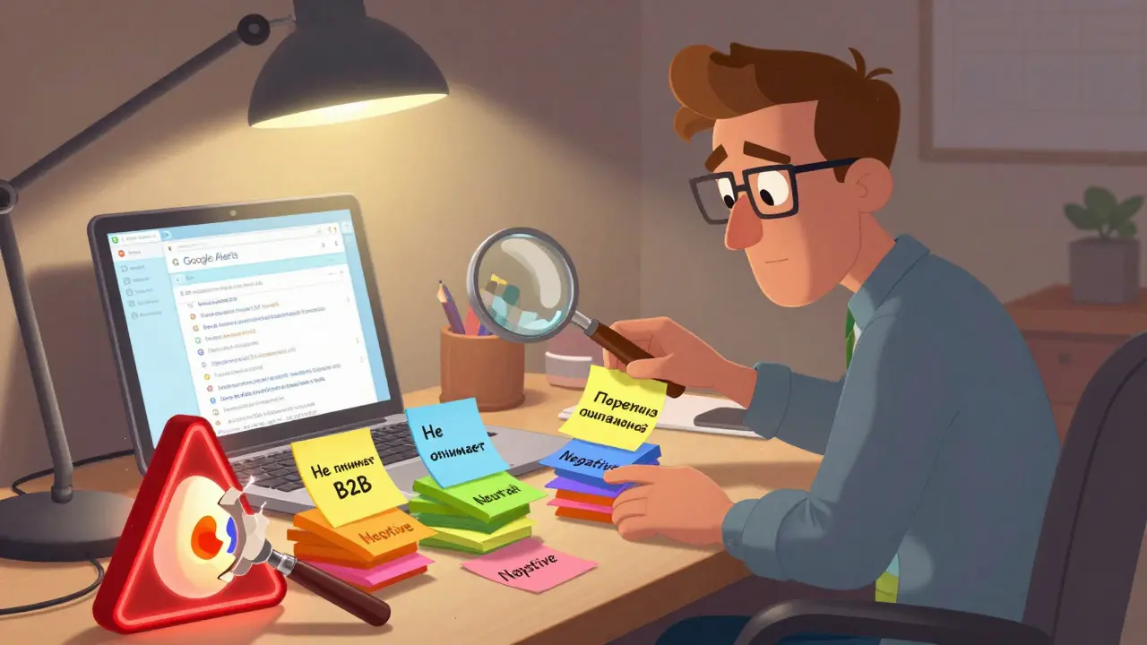 Эксперт сортирует негативные комментарии по категориям на столе, рядом с ноутбуком и всплывающими оповещениями.