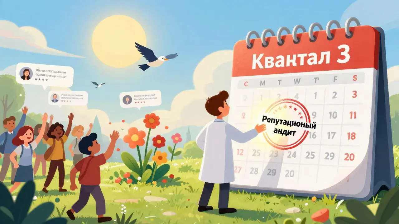 Эксперт ставит печать на календаре репутационного аудита, вокруг него растут положительные отзывы и профессиональные публикации.