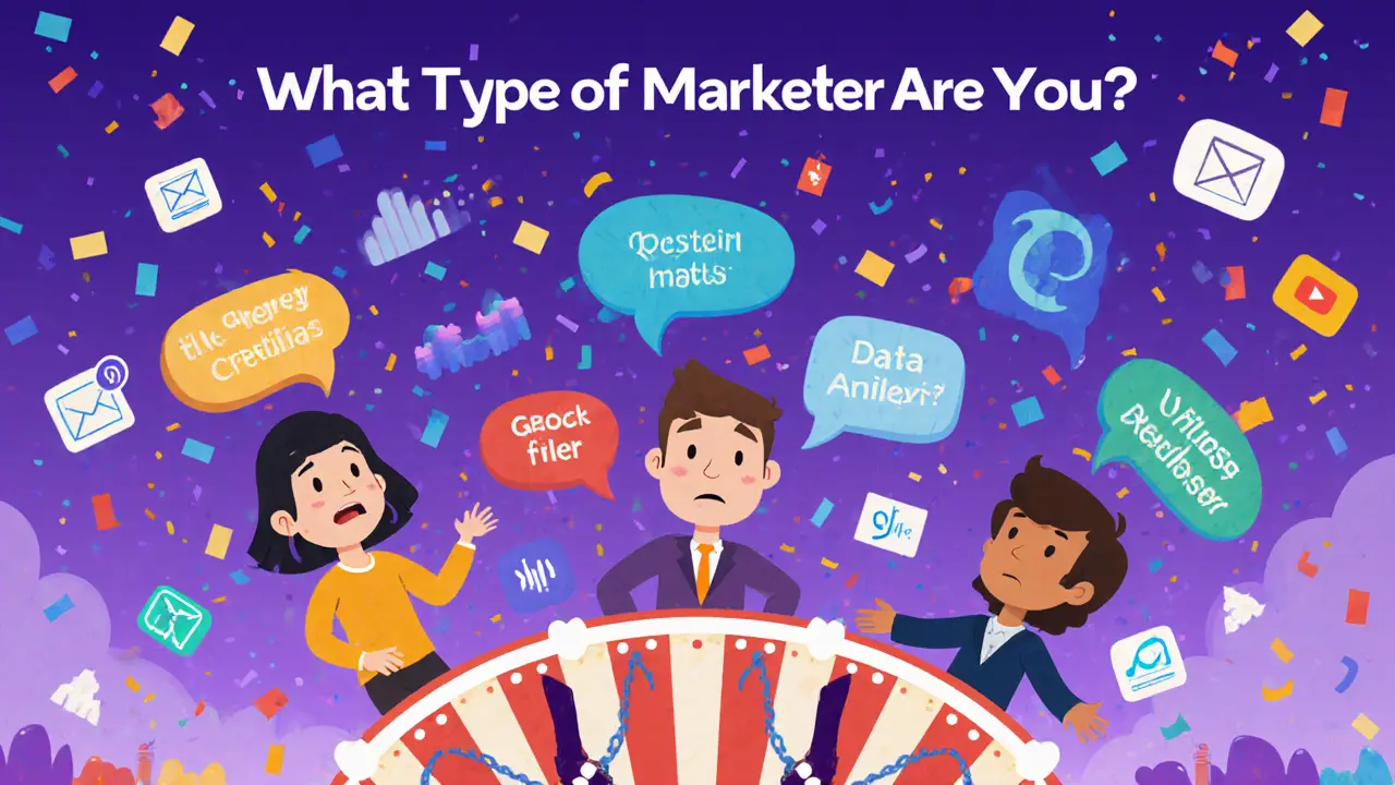 Интерактивный квиз в виде карусели, люди попадают в свои типы маркетологов с яркими персонажами.