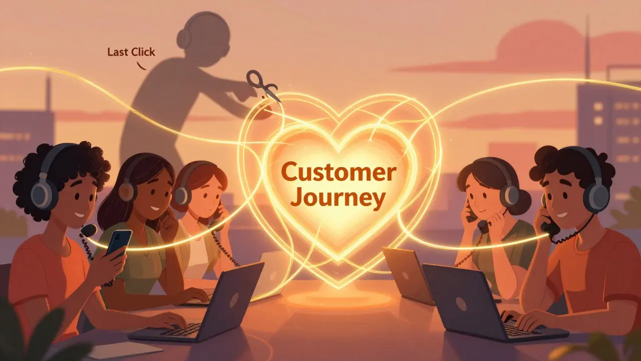 Клиенты соединены золотыми нитями с центральным сердцем 'Путь клиента', пока 'Последний клик' пытается их разорвать.