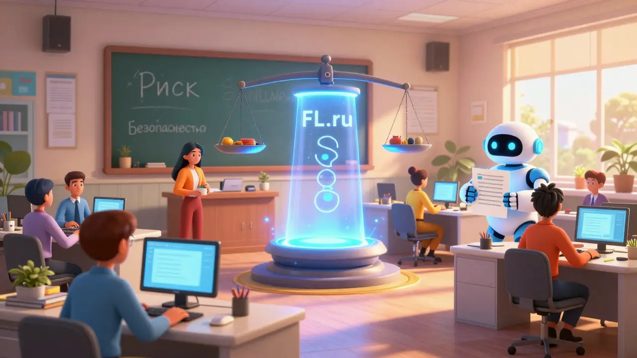 Офис с штатными сотрудниками и фрилансерами через портал, AI-робот держит чек-лист, солнце освещает безопасную модель.