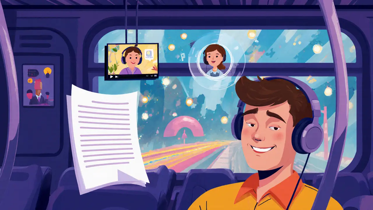 Пассажир в метро слушает аудиоурок, пока рядом в воздухе появляются текст и видео.