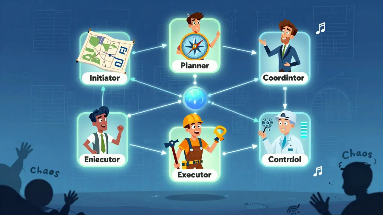 Пять ярких ролей в онлайн-школе соединены светящимися нитями в виде магической схемы.