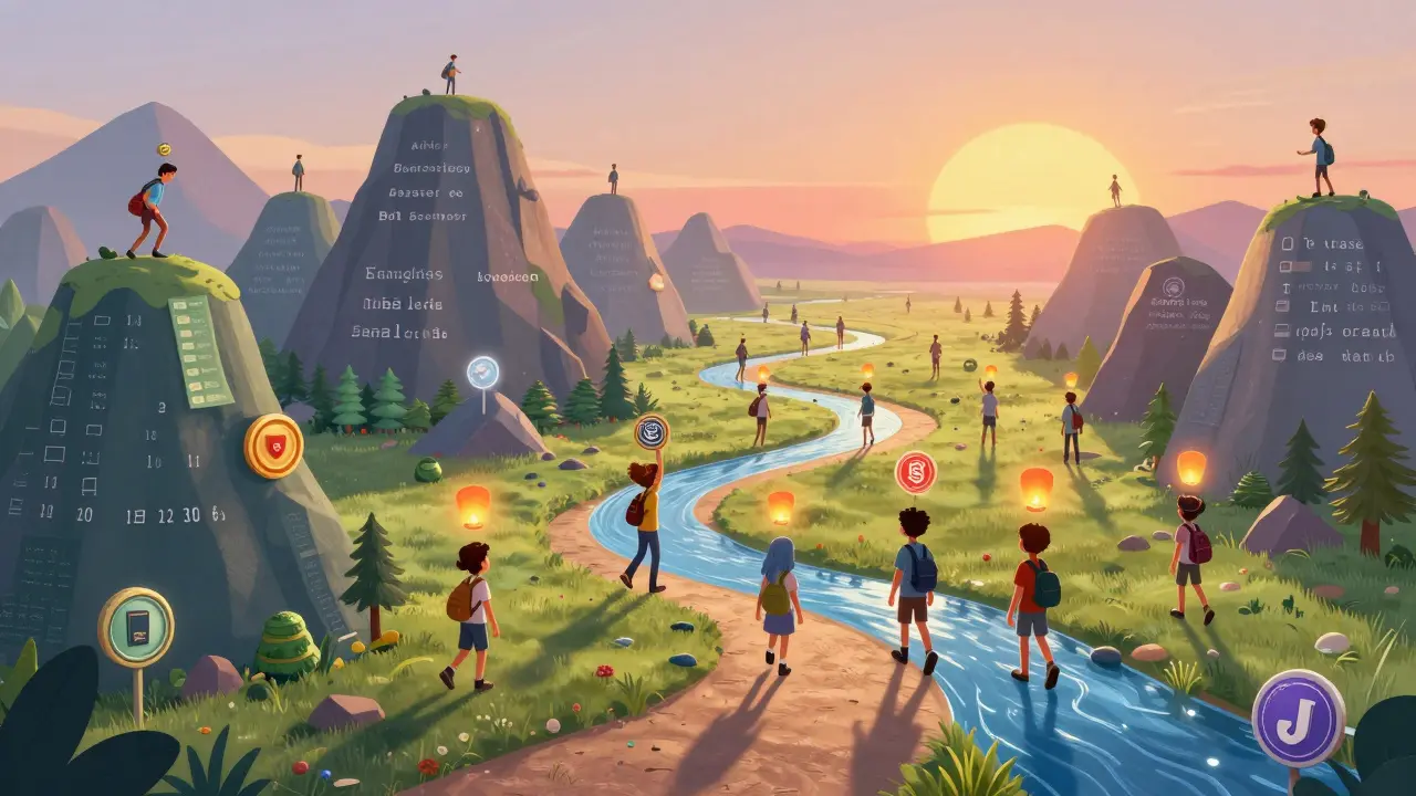 Персонализированный обучающий путь с адаптивными задачами и плавающими бейджами в волшебном пейзаже.