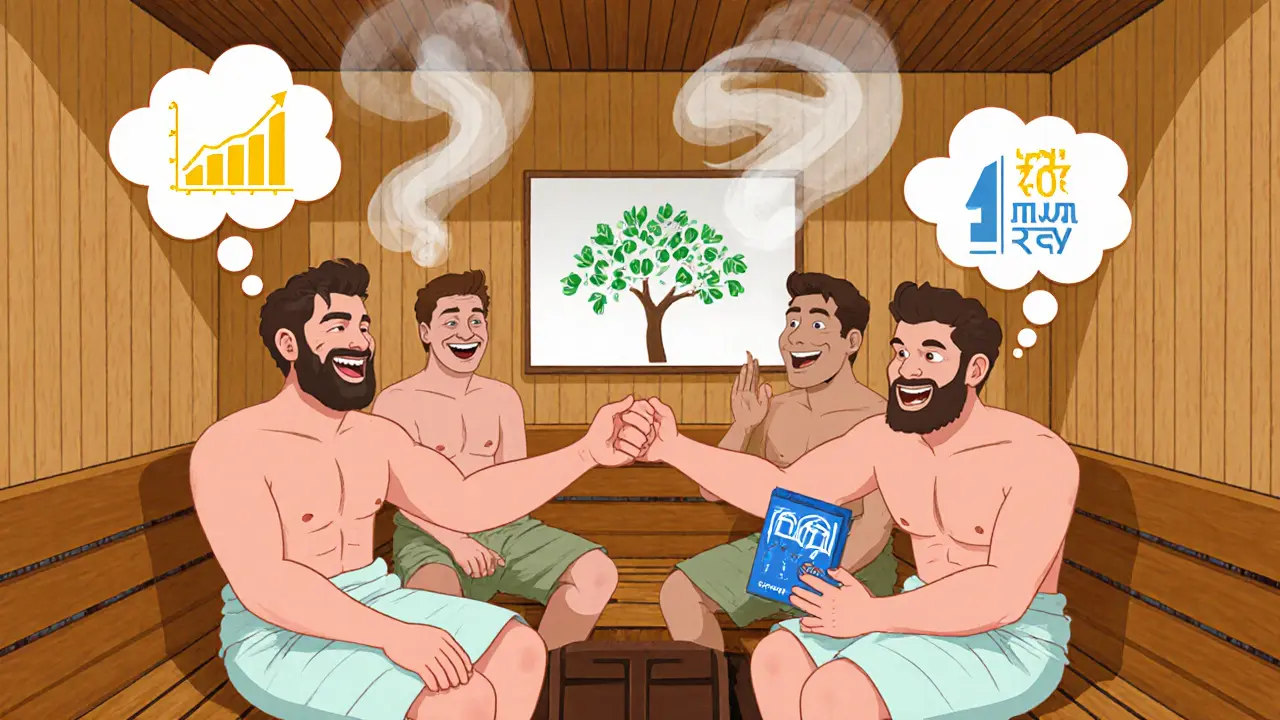 Предприниматели в бане обсуждают бизнес, над их головами парят рост доходов и совместные продукты.