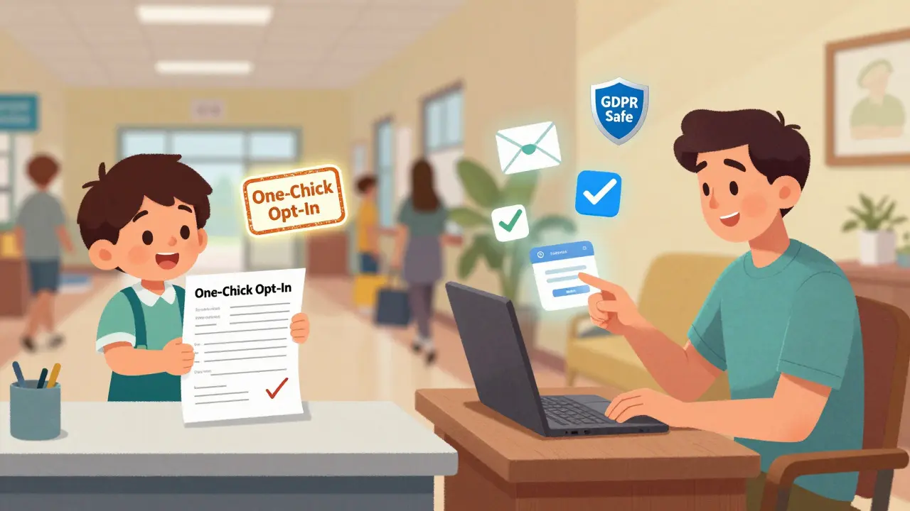 Родитель подписывается на рассылку в школе и подтверждает её дома, символизируя два этапа безопасности.