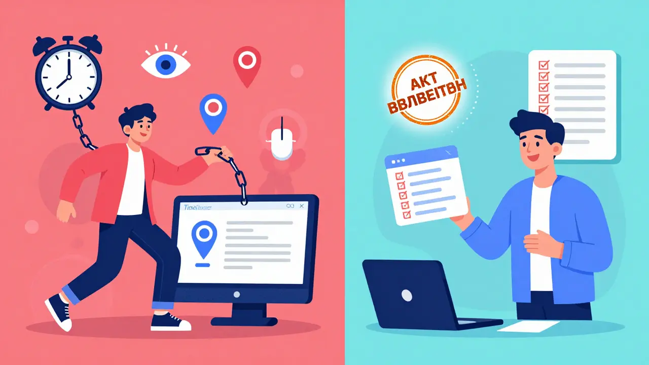 Слева — фрилансер в цепях контроля, справа — тот же человек сдает работу с актом, светлый фон против темного.