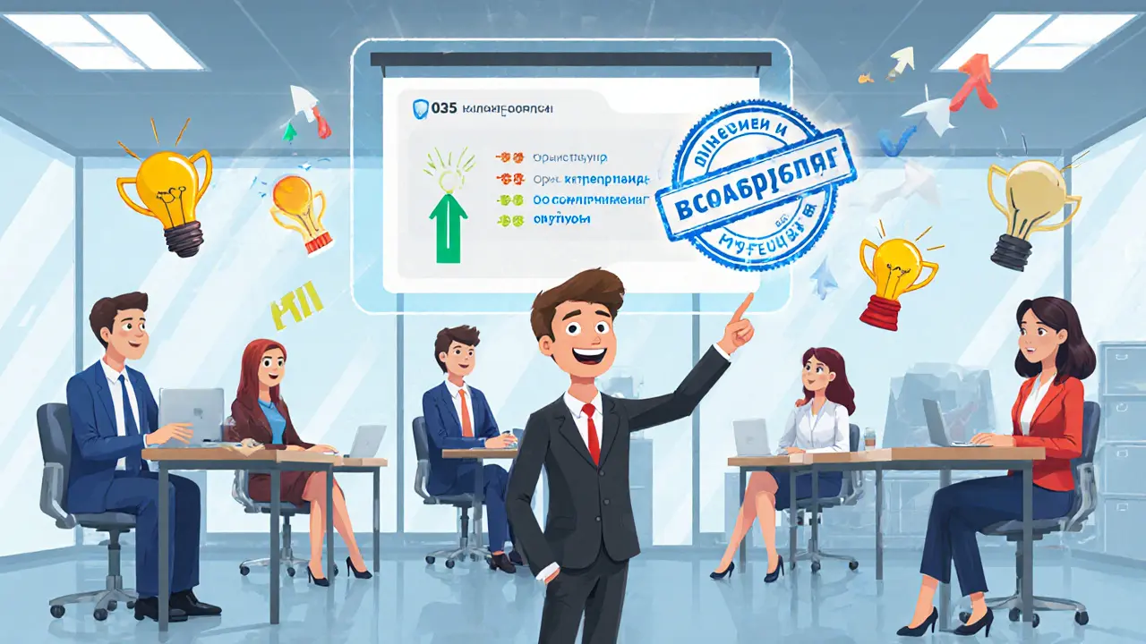 Сотрудники компании учатся по анимационному курсу, над ними — цифровая панель с показателями обучения.