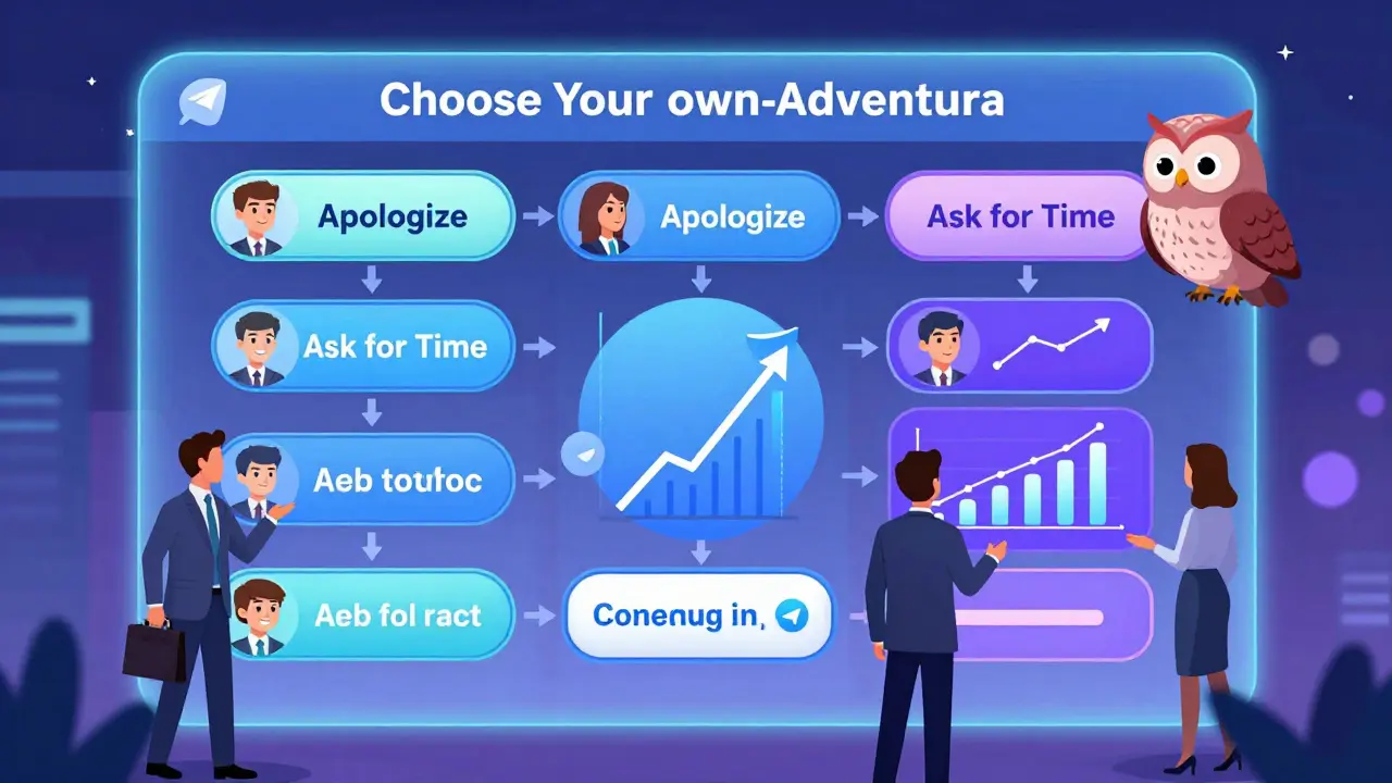 Сотрудники проходят текстовую квест-игру в Telegram с выбором решений и анимированными последствиями.