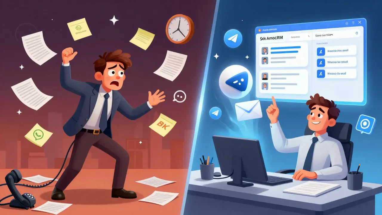 Сравнение хаоса и порядка: менеджер вручную вводит данные против автоматизированной CRM с волшебными иконками.