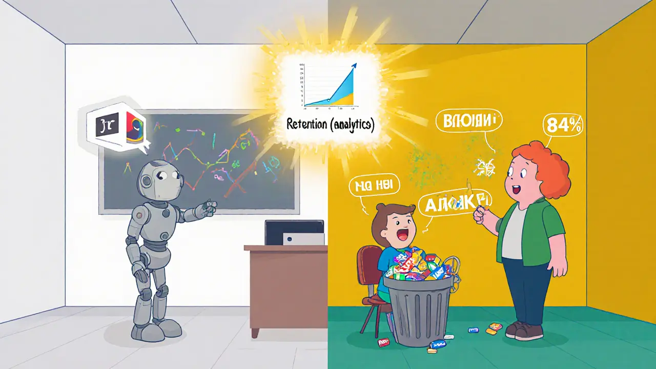 Сравнение: скучный урок с логотипом слева и яркий, эмоциональный с субтитрами и графиком удержания справа.