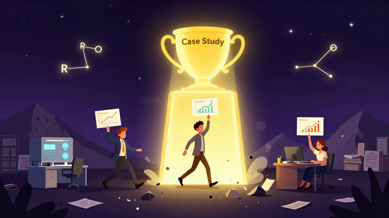 Три клиента проходят через портал кейсов, каждый с уникальными результатами, а старые пустые обещания разрушаются.