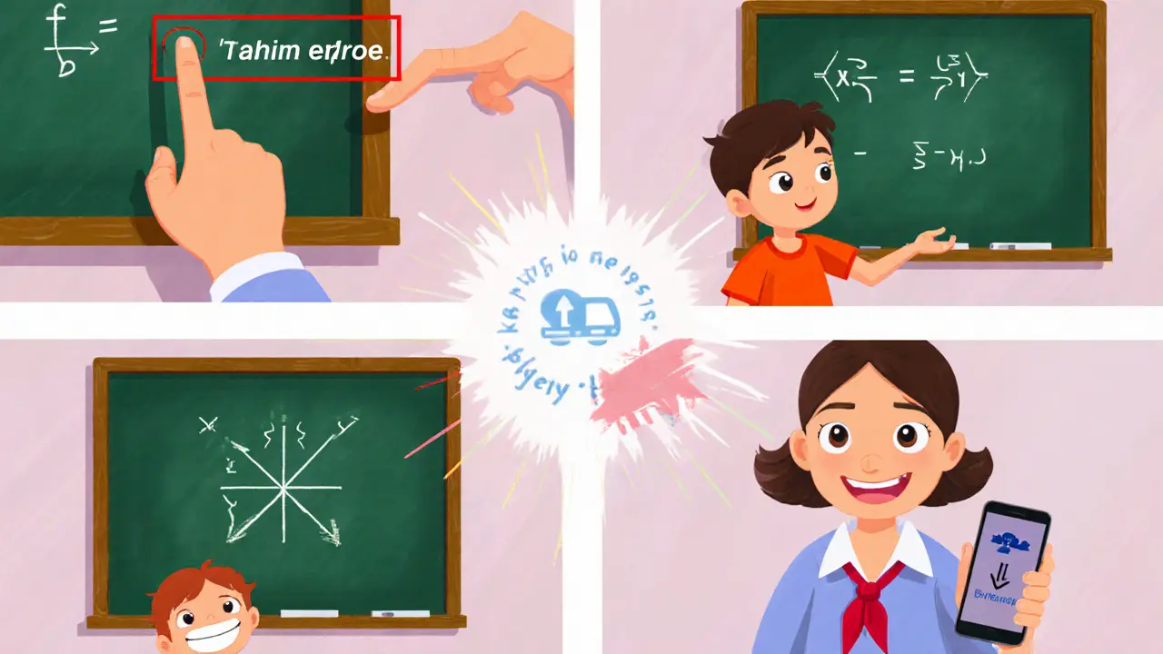 Учитель быстро меняет ракурсы: показывает ошибки, пишет на доске, снимает ученика и улыбается с ссылкой.