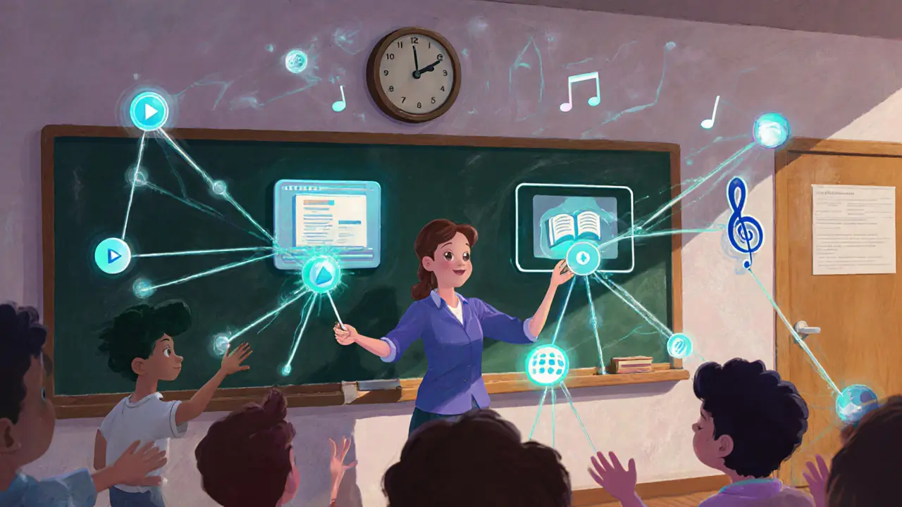 Учитель соединяет три формата обучения в единую систему с помощью светящихся нитей.