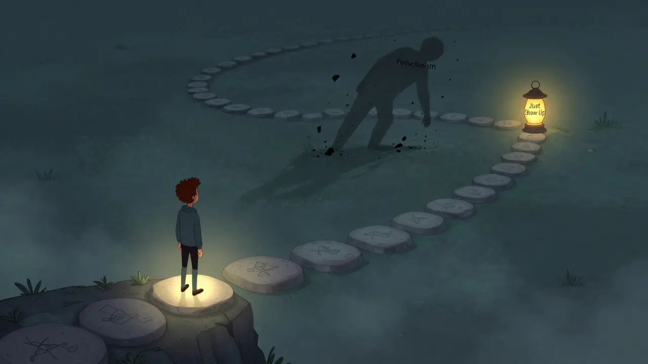 Человек идёт по пути из 365 камней с заданиями, а за спиной рушится фигура перфекционизма.