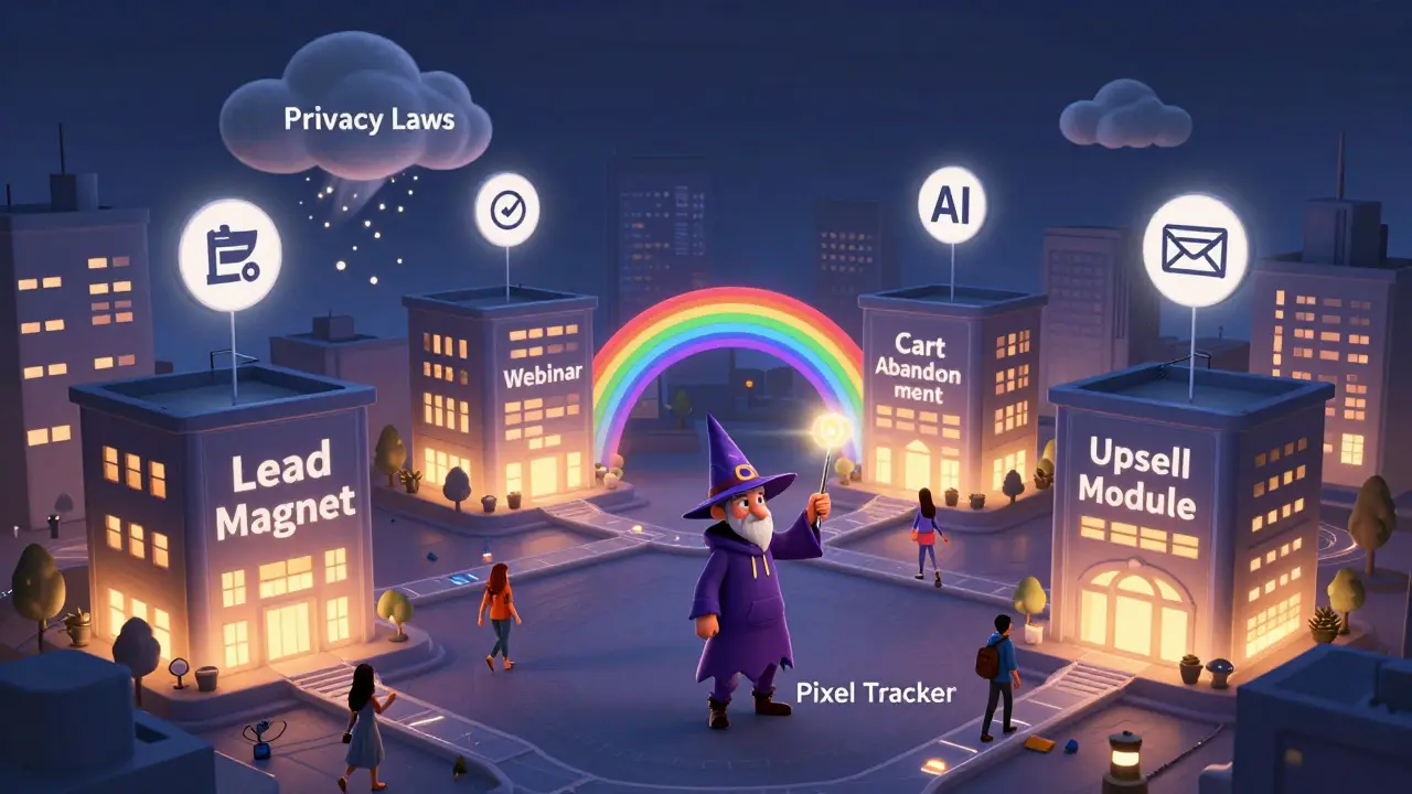 Цифровой город с зданиями этапов воронки, волшебник активирует пути, а дождь из ИИ и CRM связывает всё.