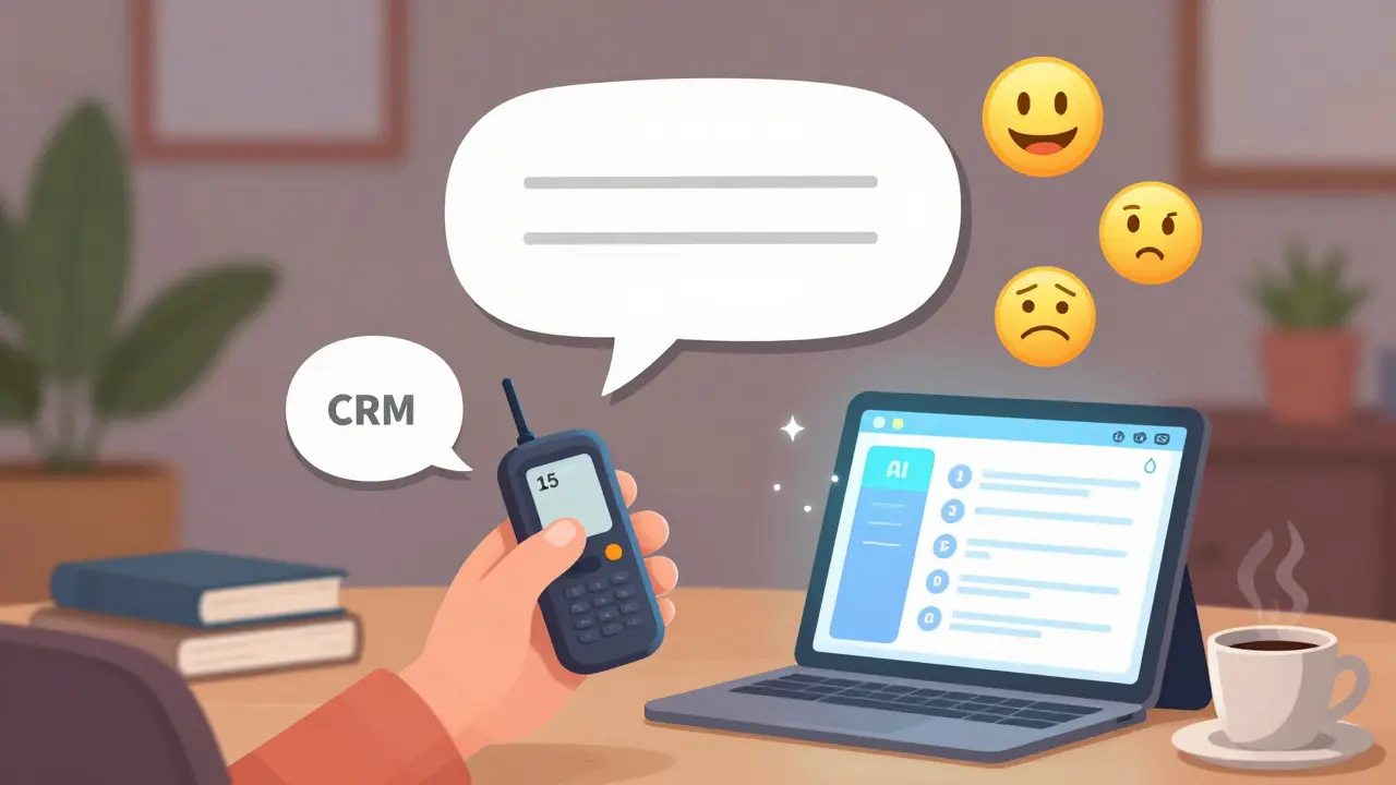 Голосовое сообщение с эмодзи и ИИ-подсказками в уютной обстановке, подчеркивающее человеческий подход.