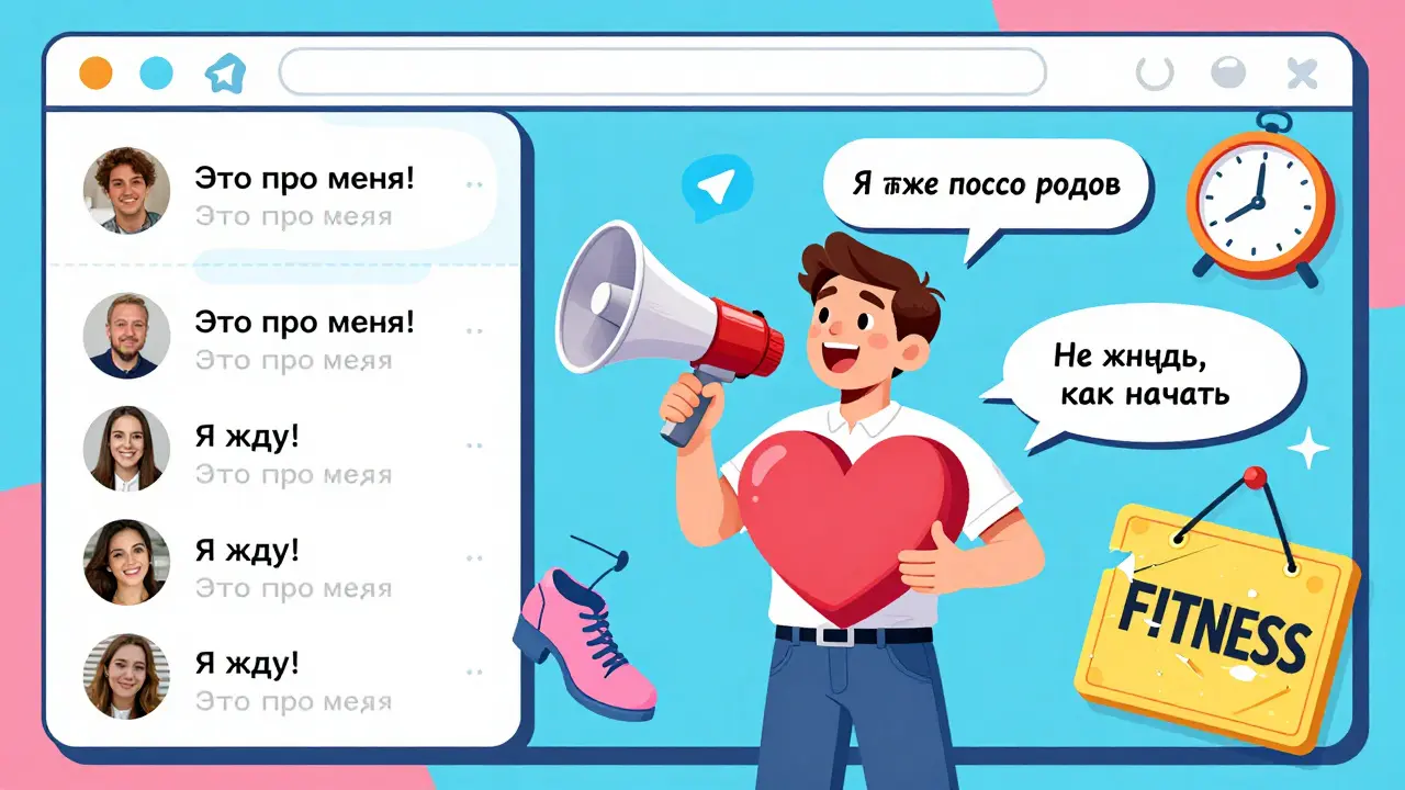 Интерфейс Telegram с комментариями подписчиков и создательница с сердечным мегафоном.