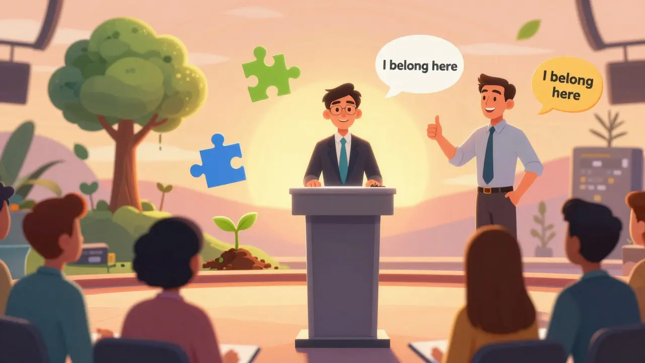 Новичок представляет идею команде, символизируя свой рост и принадлежность.