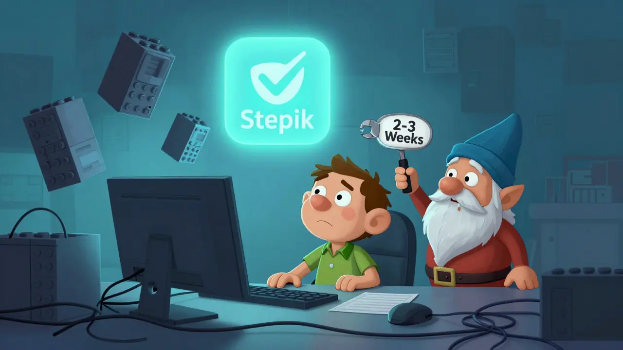 Новичок смотрит на сложную Moodle-систему, пока дружелюбный гном предлагает помощь.